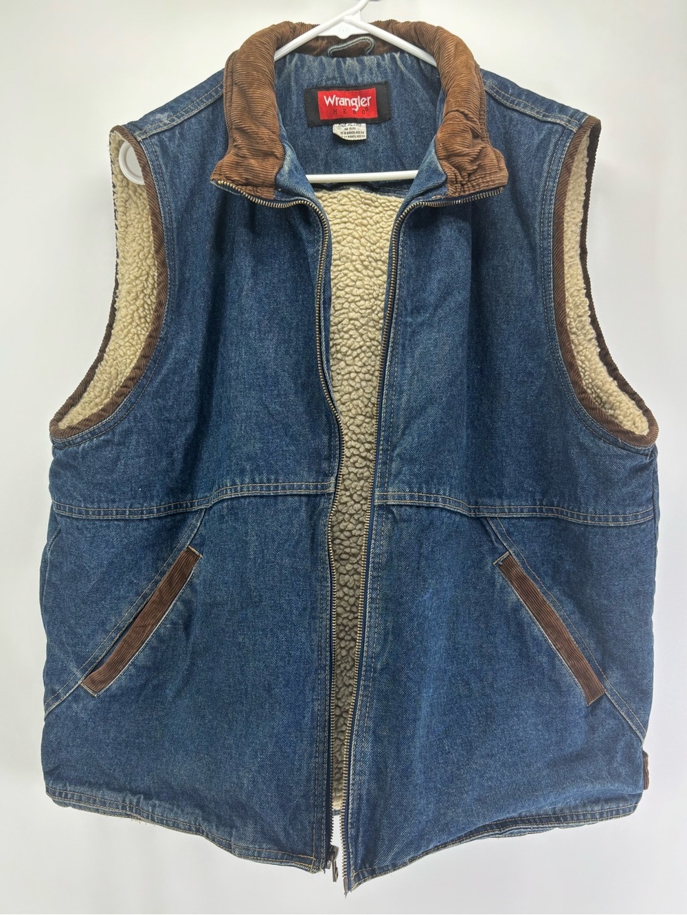 Vintage Wrangler denim vest Sherpa lining XL brown corduroy trim